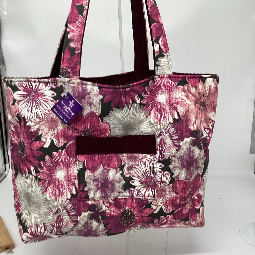 Plum flowers w/ plum corduroy reversible tote bag