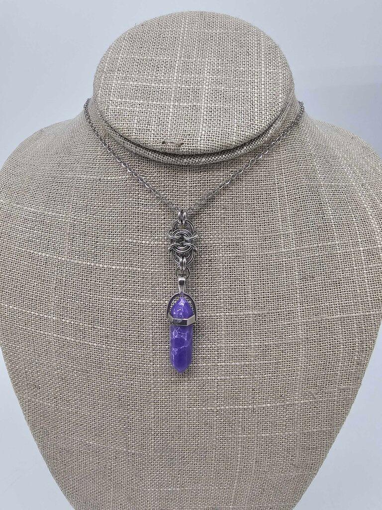 SS Vertebrae with Purple Stone Pendant, 20 inch Stainless Steel Chain