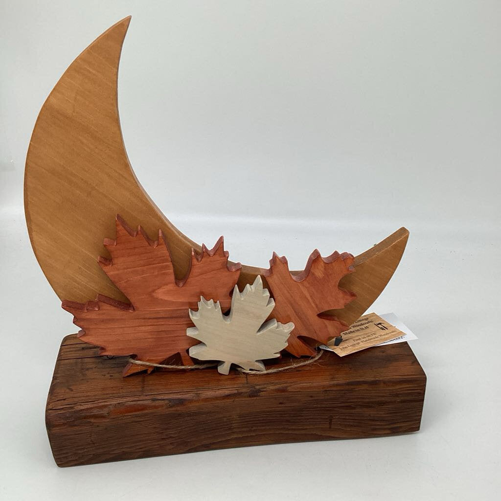 Wooden Moon with Fall Leaves Decor