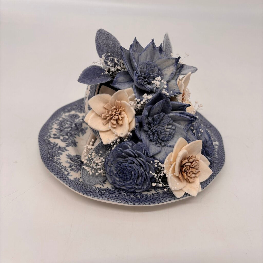Tipped Tea Cup with Light Blue and White Sola Wood Flowers