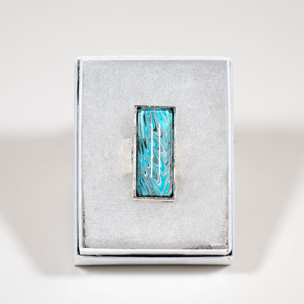 Rectangle ring - gift box - teal grey silver on silver