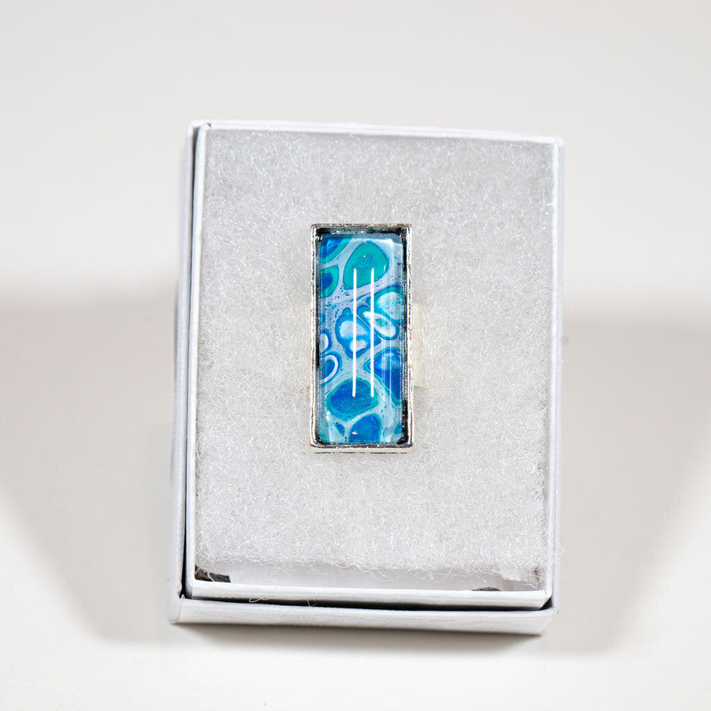 Rectangle ring - gift box - teal blue white on silver