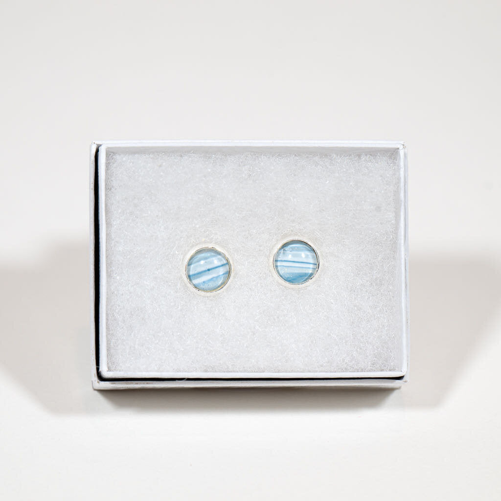 Petite Fluid Art Stud Earrings - gift box - blue and white on silver