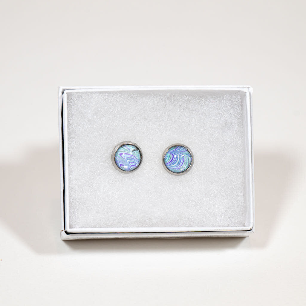 Petite Fluid Art Stud Earrings - gift box - blue and white on silver