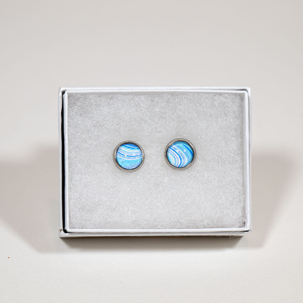 Petite Fluid Art Stud Earrings - gift box - blue and white on silver