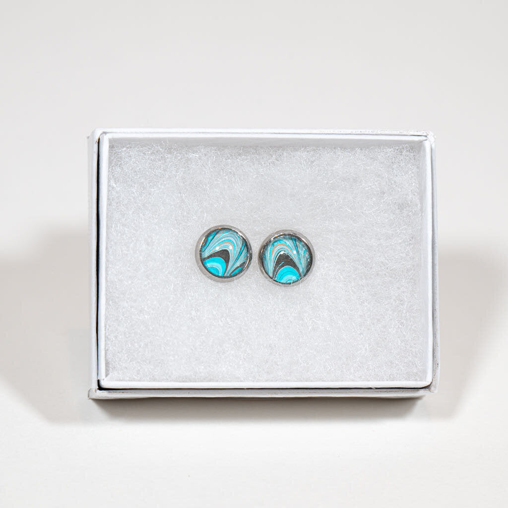 Petite Fluid Art Stud Earrings - gift box - teal and gray on silver