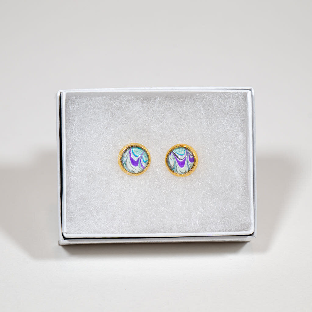 Petite Fluid Art Stud Earrings - gift box - green blue purple on gold