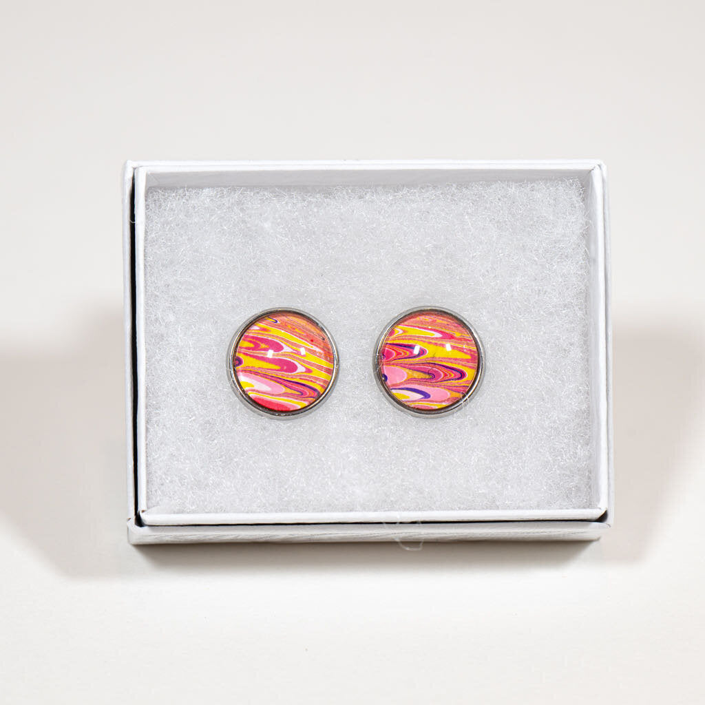 Fluid Art Stud Earrings 1/2" - gift box - pink and yellow on silver