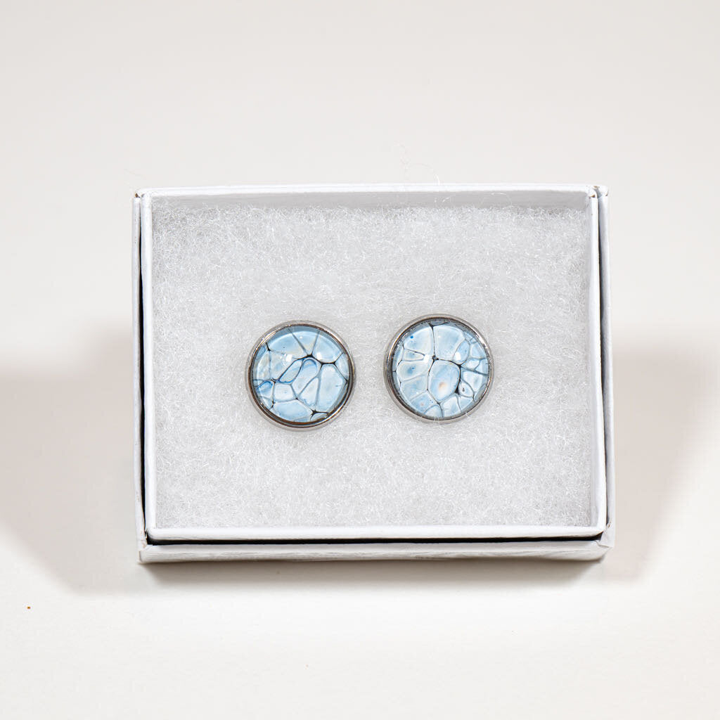 Fluid Art Stud Earrings 1/2" - gift box - blue white gray on silver
