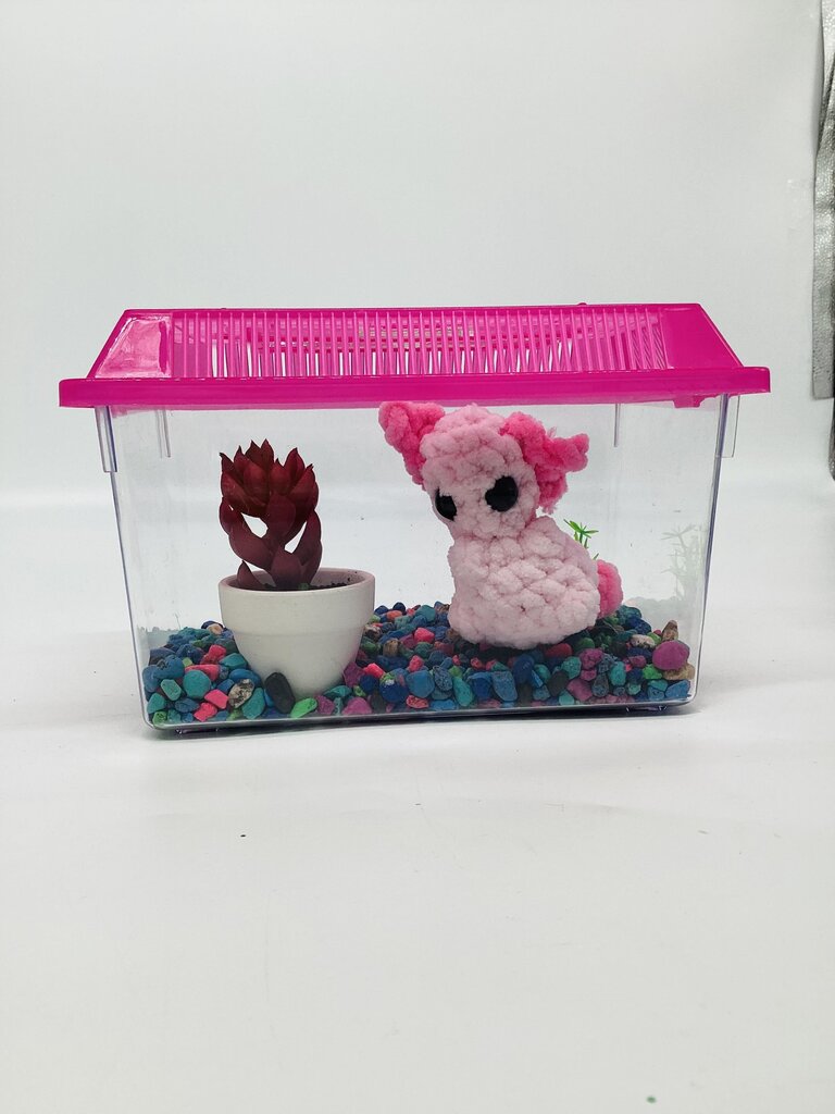 Pink Axolotl Desk Pet with Purple Plant