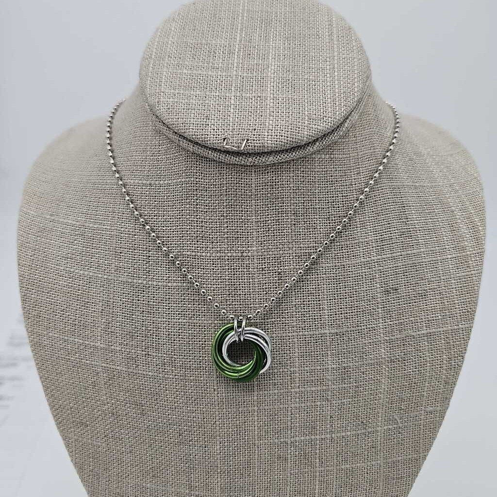Silver, Light Green, Green Mobius Necklace, 24 inch Stainless Steel Chain