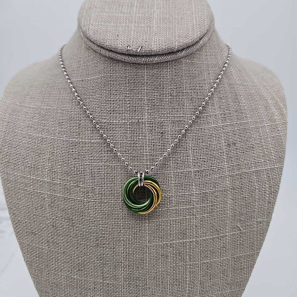 Gold, Light Green, Green Mobius Necklace, 24 inch Stainless Steel Chain