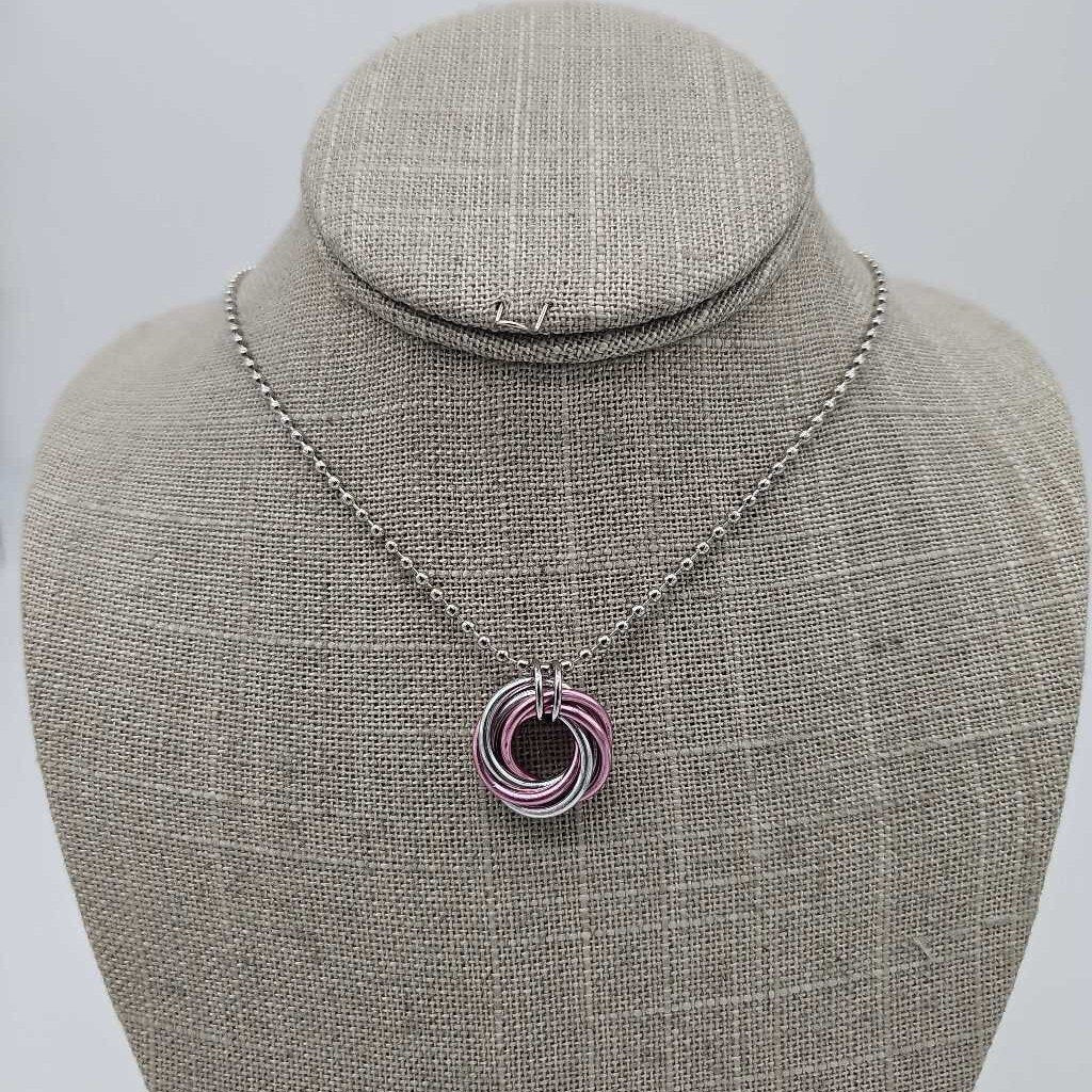 Silver, Pink Mobius Necklace, 24 inch Stainless Steel Chain