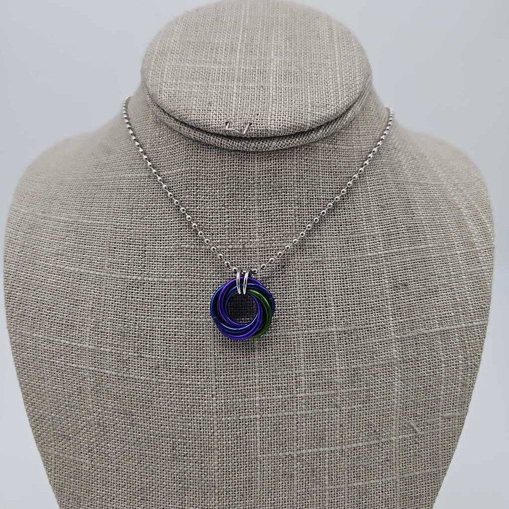 Green, Purple, Blue Mobius Necklace, 24 inch Stainless Steel Chain