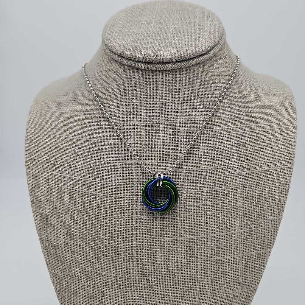 Green, Purple, Mobius Necklace, 24 inch Stainless Steel Chain