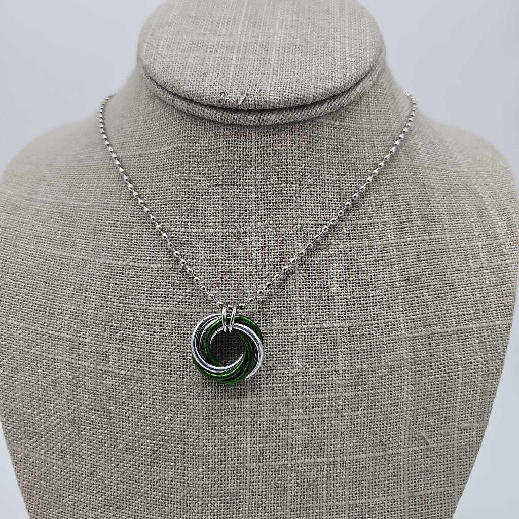Silver, Green Mobius Necklace, 24 inch Stainless Steel Chain
