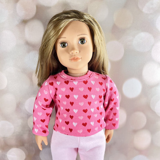 LONG SL SHIRT PINK WITH HEARTS JEANETTES 18 INCH DOLL BEDDING AND CLOTHING