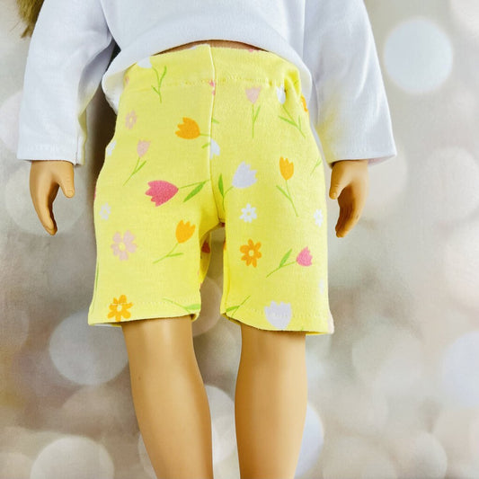 YELLOW BIKE SHORTS WITH FLOWERS JEANETTES 18 INCH DOLL BEDDING AND CLOTHING