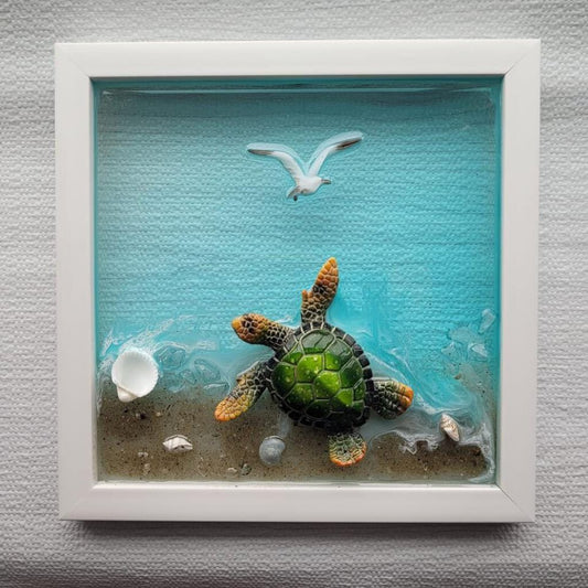 Sea Turtle art frame with seagull. 8x8