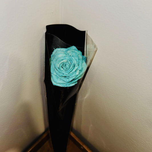 Wrapped rose in teal with natural wooden stem in